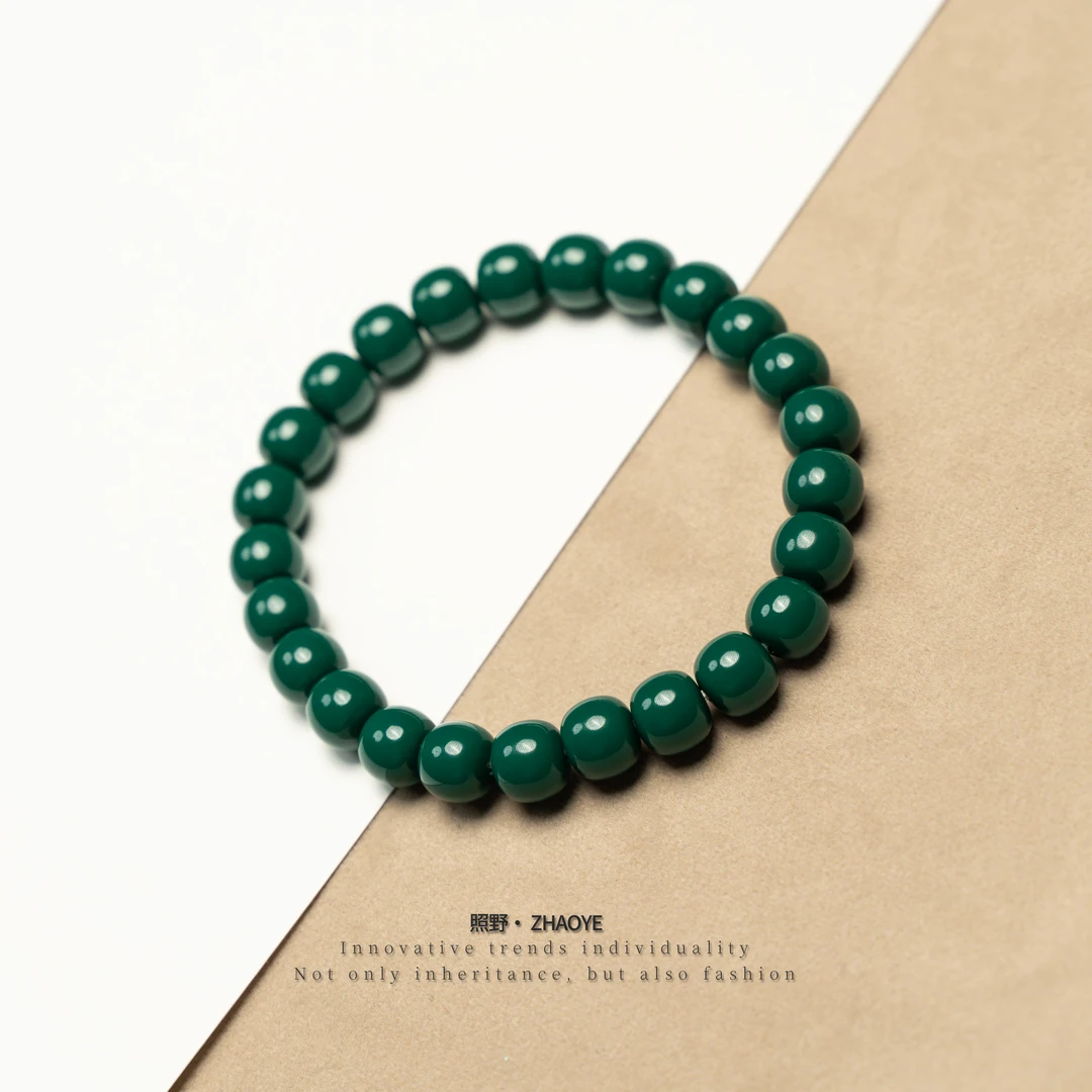 9mm*8mm绿色老型高瓷高端平替文玩手串单圈叠戴琉璃手串