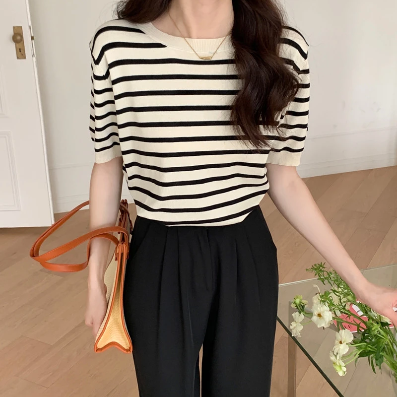 短袖条纹针织衫女夏季薄款2025新款设计感小众T恤打底衫撞色上衣