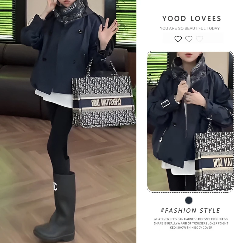 海军蓝时尚立领拼接老花连帽款风衣2025春秋新款高级感工装短外套