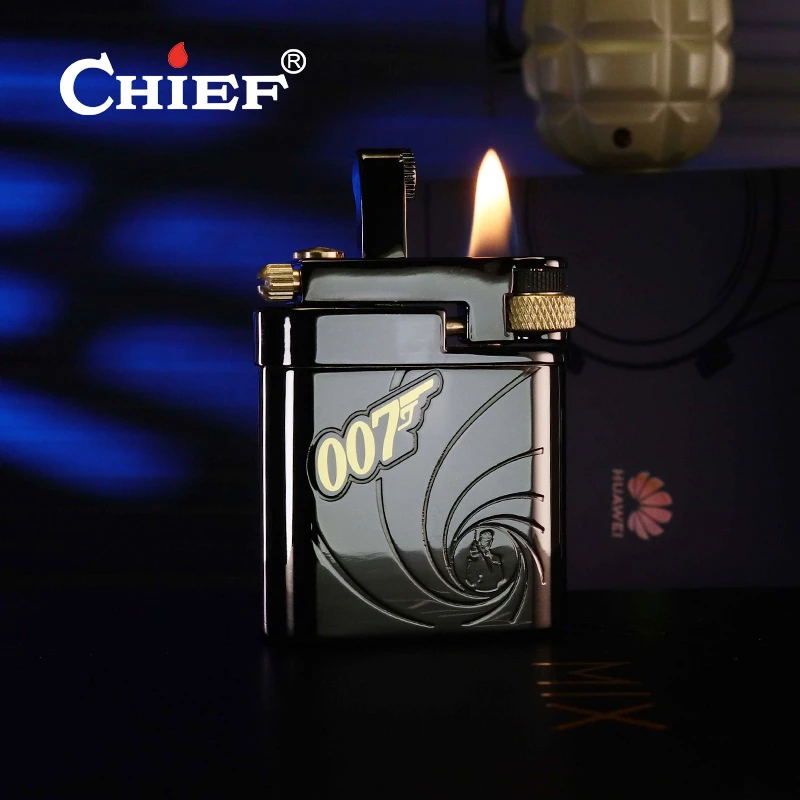 CHIEF/首领纯铜黑金007特工系列打火机半自动侧滑轮轮点火高颜值