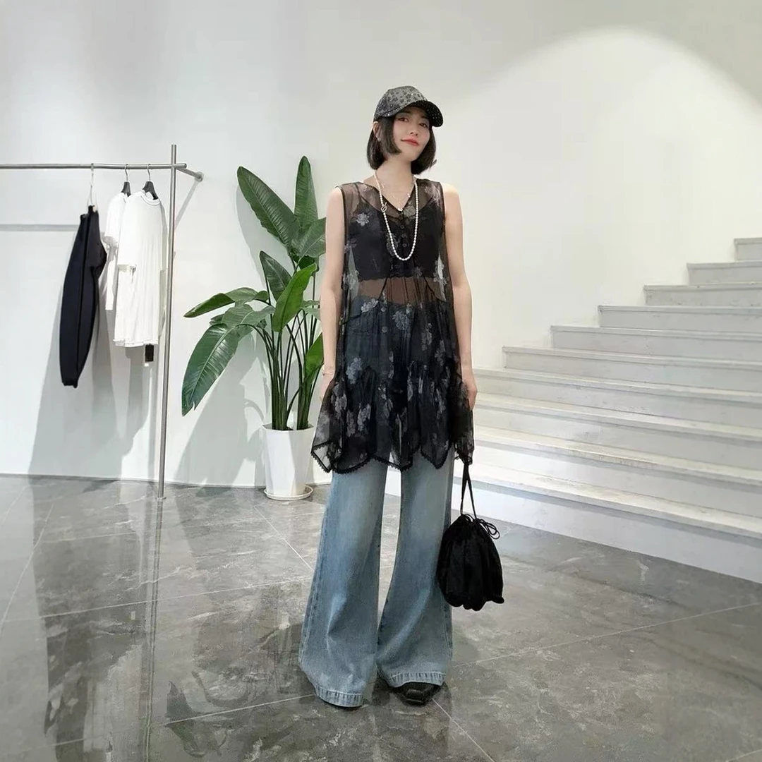 【现货】十七玫瑰花网纱背心裙2025夏新品蕾丝拼接褶皱吊带裙连衣裙