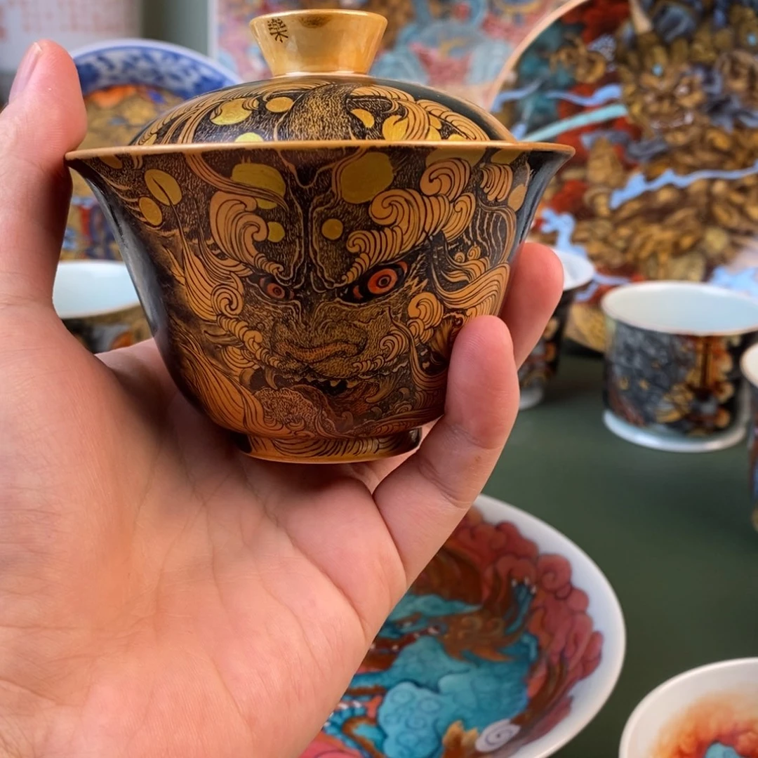 手工手绘谛听盖碗