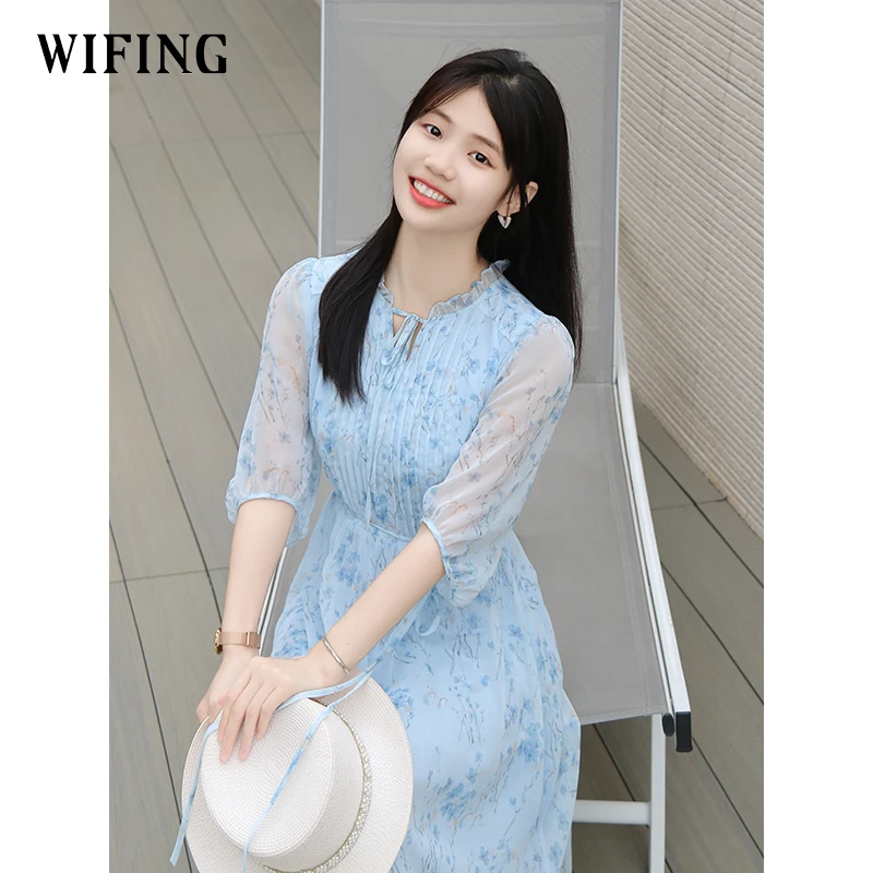 未风蓝色雪纺碎花连衣裙女2025夏季新款气质法式淑女系裙子