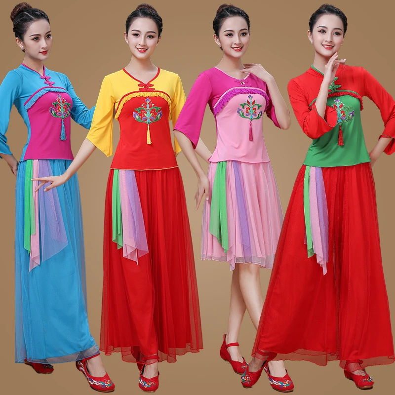 牛奶丝扇子舞蹈服秧歌舞演出服广场舞服装女新款套装古典舞打鼓舞
