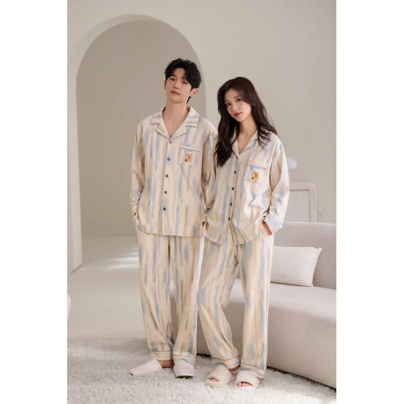 2025玲玲家情侣纯棉开衫条纹小熊长袖睡衣套装家居服可外穿