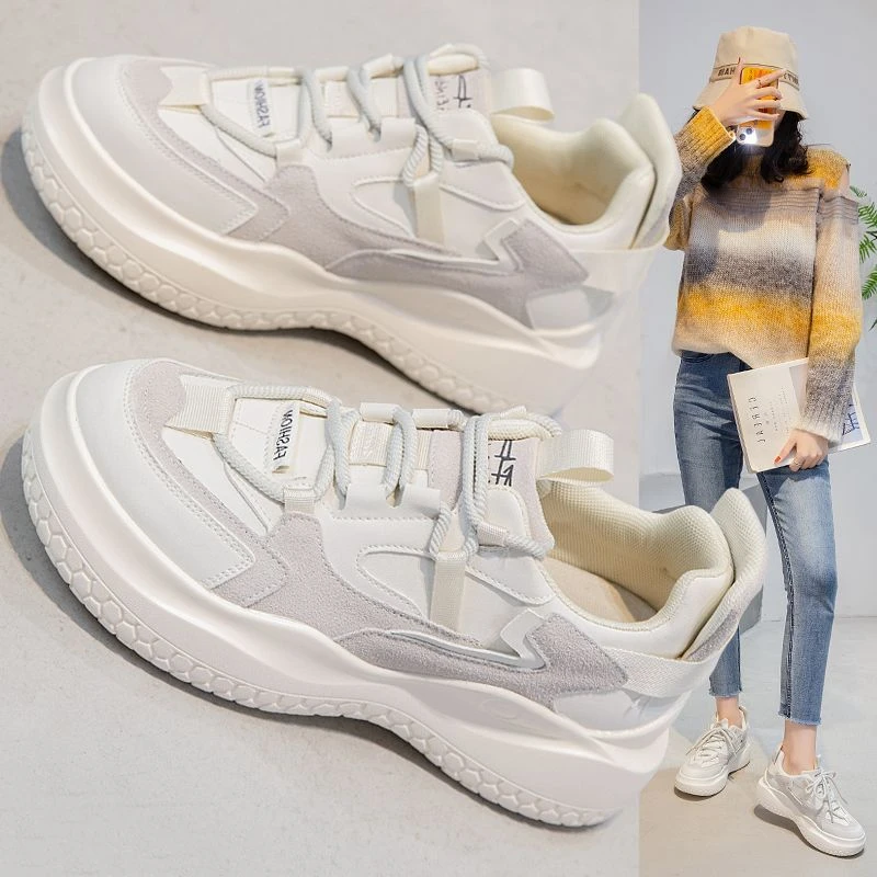 纳帕皮拼接时尚休闲鞋透气韩版厚底网红运动鞋春季女鞋休闲鞋