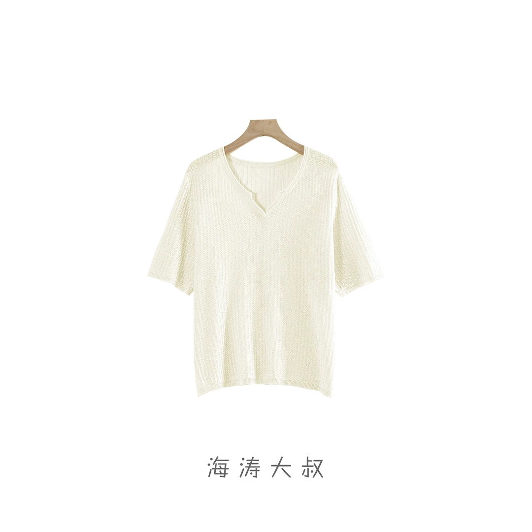 【海涛大叔】天丝亚麻V领亮闪闪针织T恤