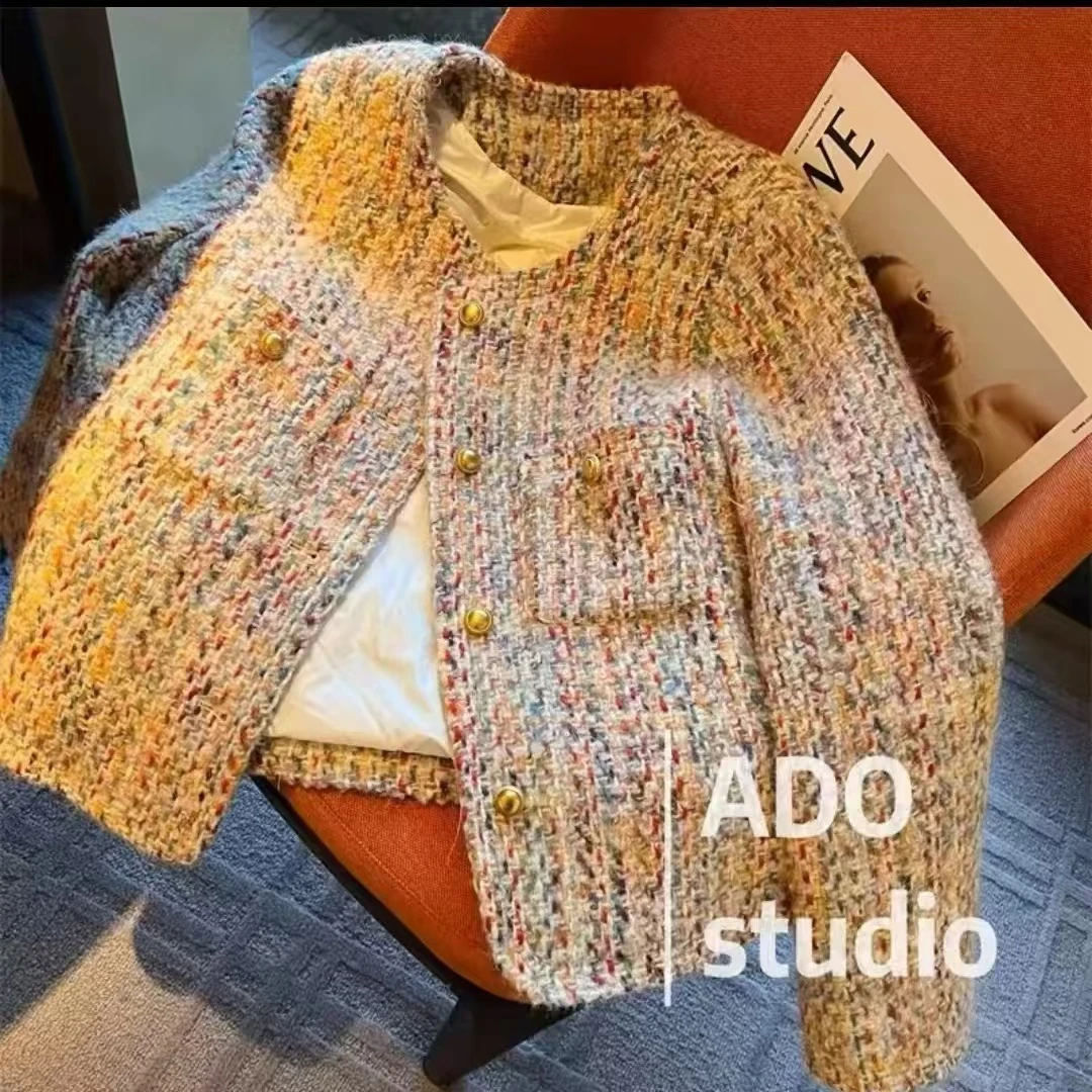 2024年新款冬季多彩粗花呢羽绒服小香风外套保暖9825