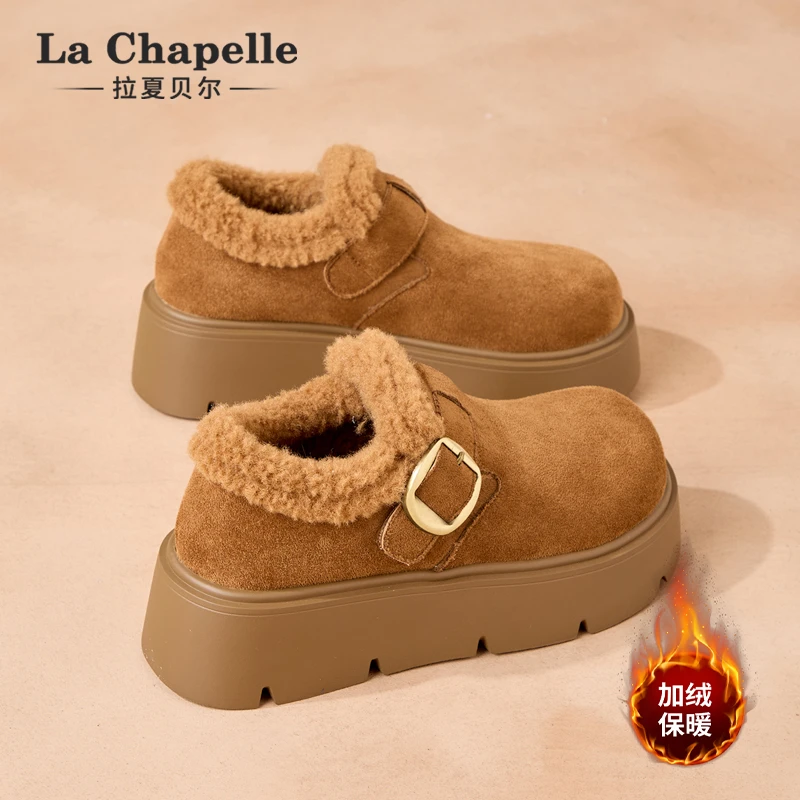 拉夏贝尔厚底勃肯女鞋2025冬季新款加绒保暖雪地靴乐福鞋毛毛棉鞋