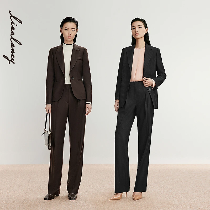 LANCY/朗姿2024冬季新款绵羊毛长款条纹西裤女通勤百搭裤子