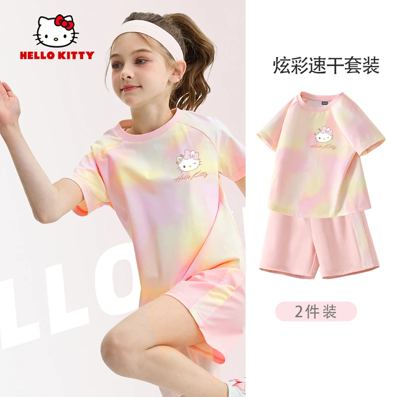 Hello Kitty儿童速干运动套装夏季新款跑步女孩短袖儿童夏装衣服