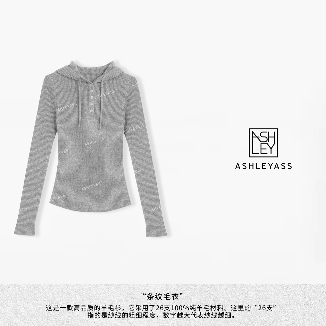 【ASHLEYASS】“条纹毛衣”羊毛连帽26支纱线纹理扣子毛衣LSS241255Y