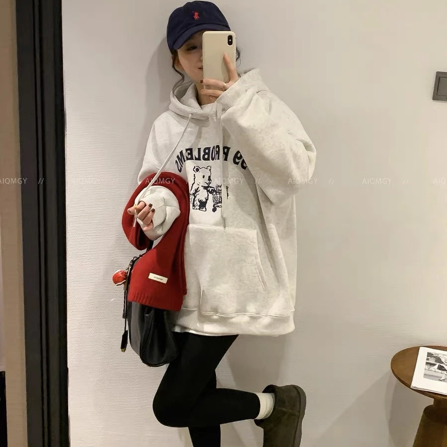 CXJ89172冬季新款韩版卡通字母印花连帽加绒加厚宽松休闲卫衣女
