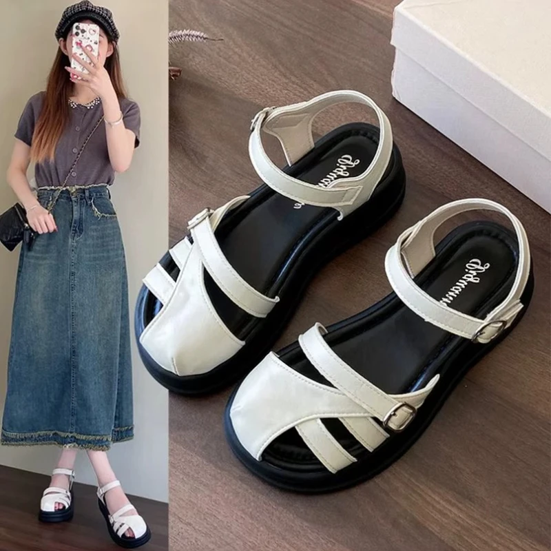 罗马凉鞋女2025年夏季厚底编织猪笼鞋包头英伦风小皮鞋乐福鞋