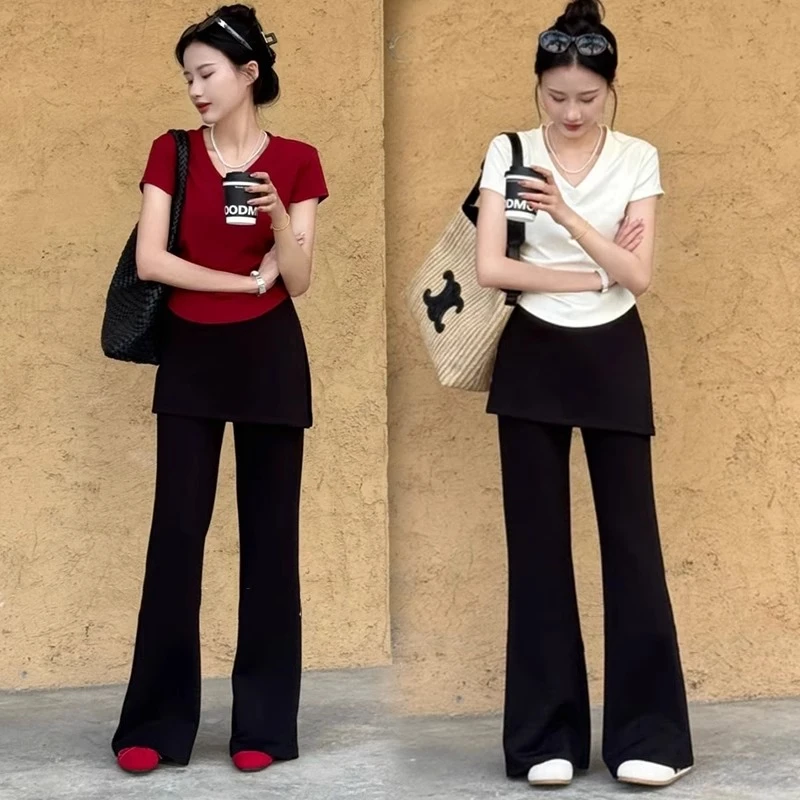 女2025夏季新款洋气显瘦红色气质短袖T恤搭配假两件微喇裤两件套