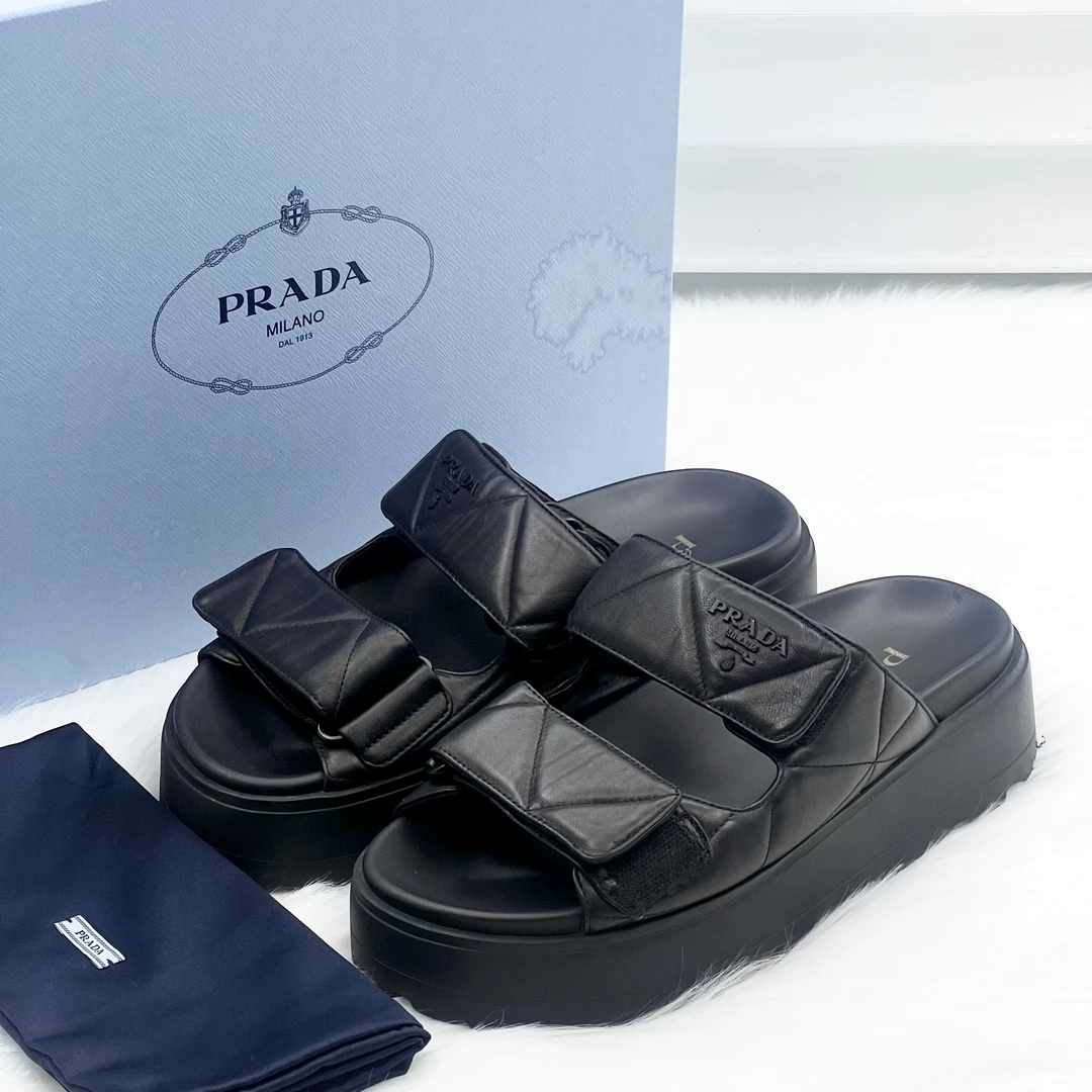 99新 Prada/普拉达 25s 羊皮厚底拖鞋 37.5码 公价1w g176