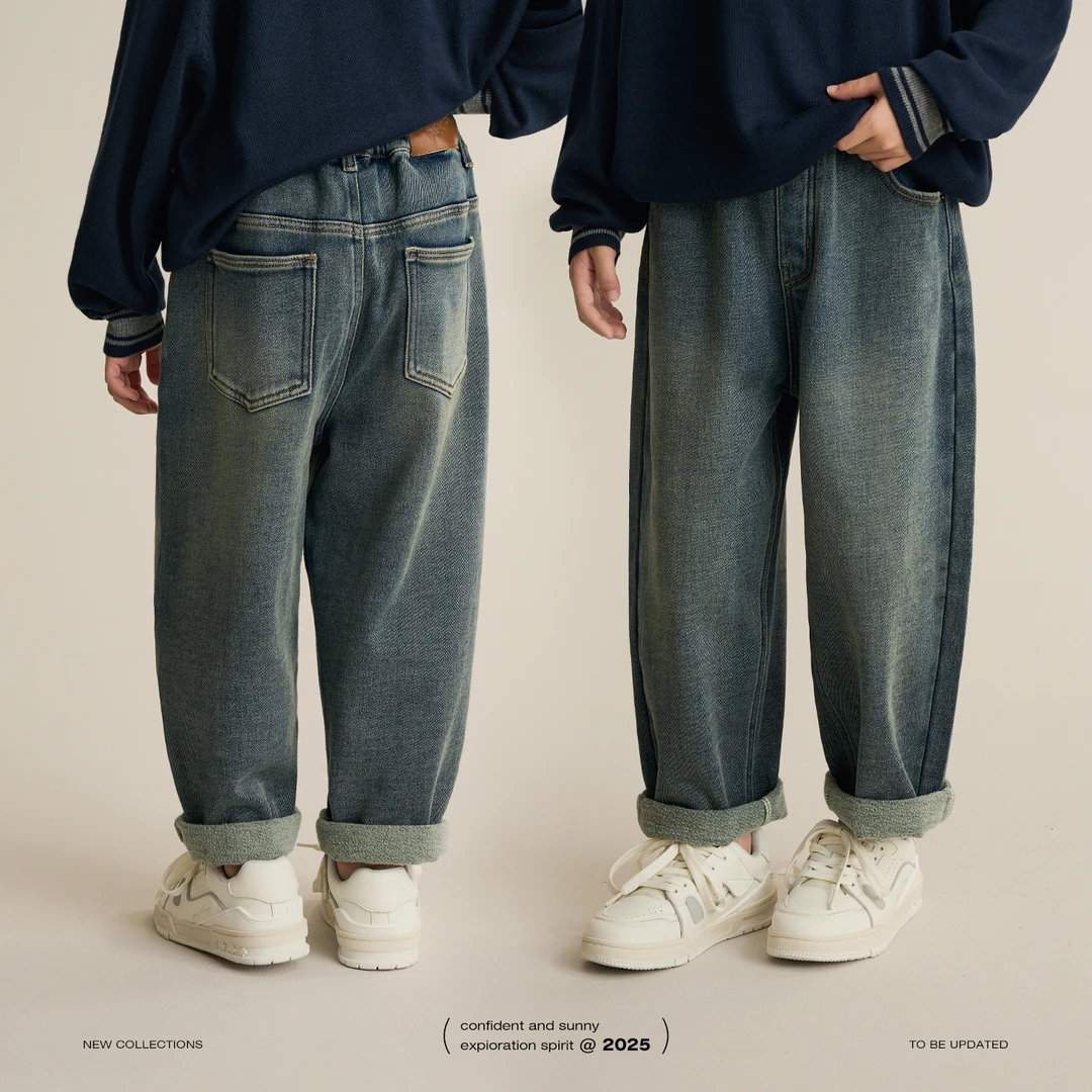 辰辰妈【通用牛】秋季儿童保暖宽松牛仔裤男女童百搭休闲裤8716D