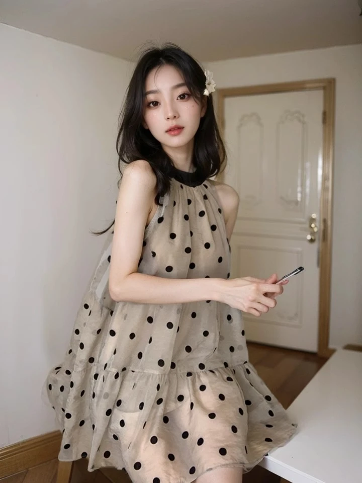 小个子波点洋气连衣裙夏季2025新款宽松挂脖A字裙短裙女装chic潮