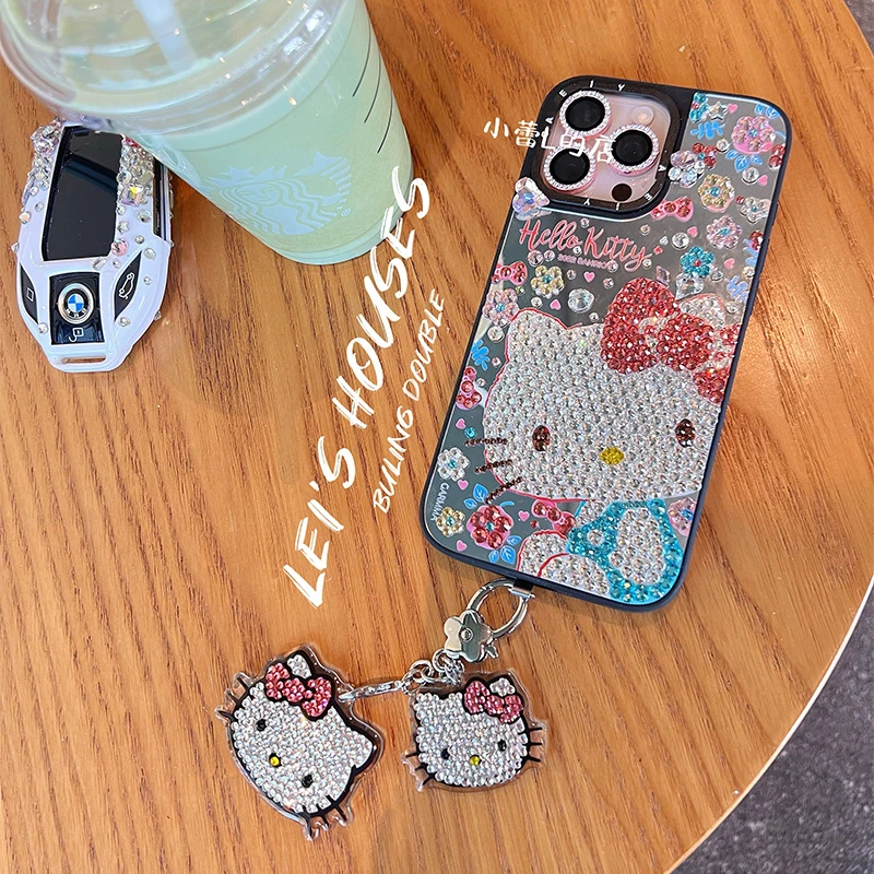 镜面kitty水钻可爱防摔手机壳适用15pro苹果16promax女款13卡通16