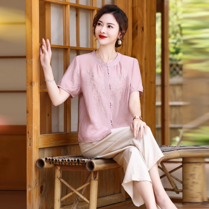 妈妈气质新中式国风短袖女夏装时尚中老年夏季洋气上衣服大码宽松