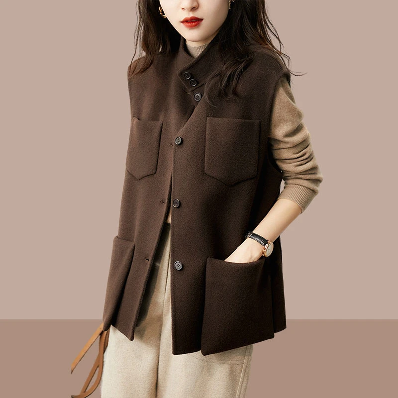 秋冬季时尚新款复古洋气通勤百搭帅气大口袋工装风双面呢马夹外套