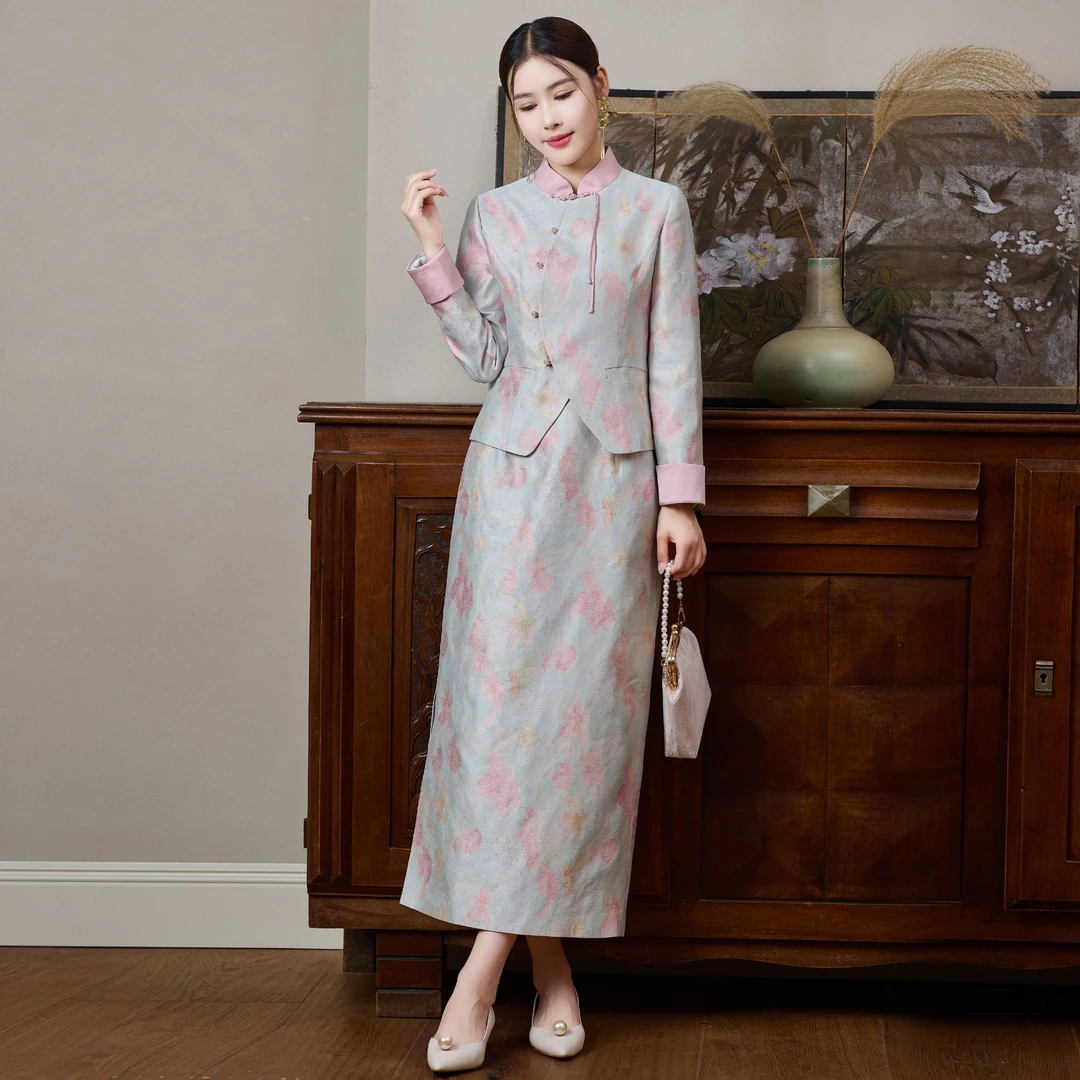 H366新中式套装女2025新款秋季国风两件套裙装改良汉服唐装气质