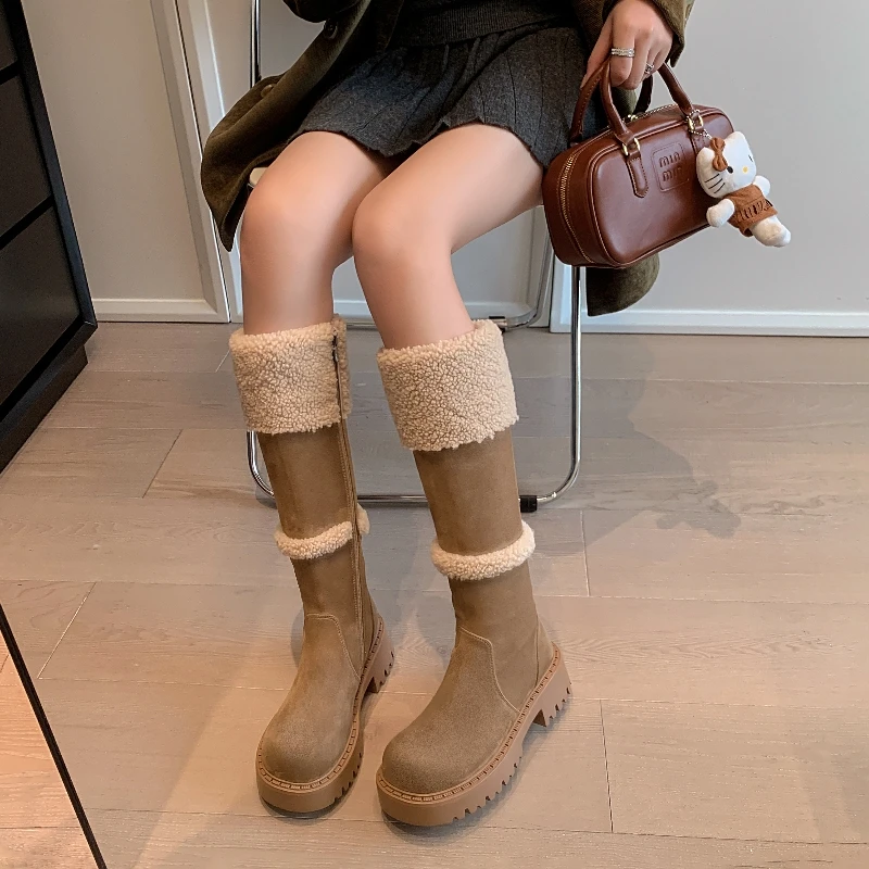 VICEN FIFI4.5cm/羊羔毛长筒靴女复古圆头粗跟骑士靴加绒秋冬长靴