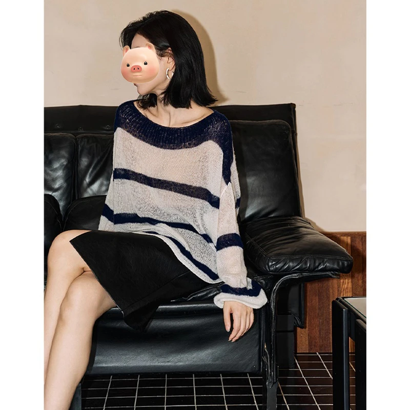 撞色条纹长袖针织衫女2025早秋季新款高级感chic别致宽松显瘦上衣