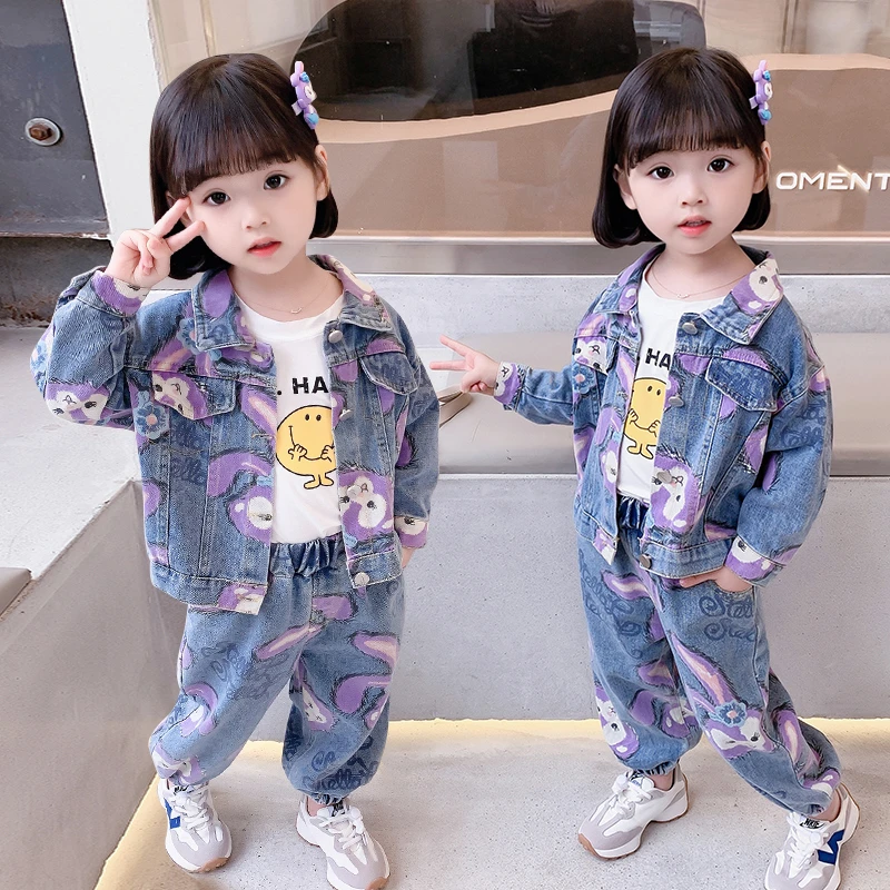 独特洋气时髦女童牛仔套装春秋款可爱超萌儿童衣服女宝宝休闲秋装