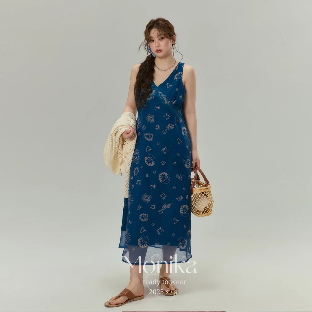 大码女装胖mm法式复古v领背心连衣裙2025夏款气质印花长裙N9198