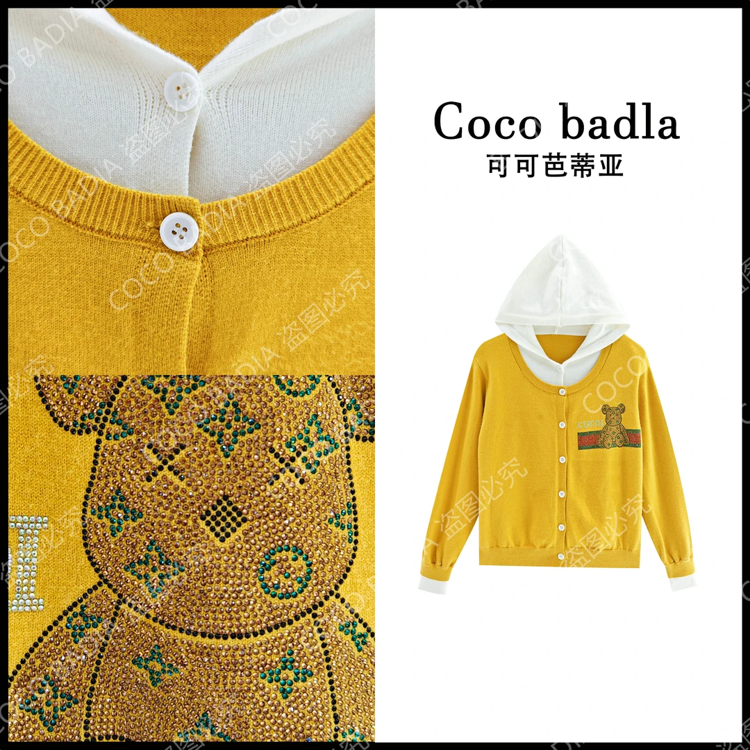 2024秋冬季款重工烫钻小熊卡通字母拼接连帽气质针织毛衣MY2025