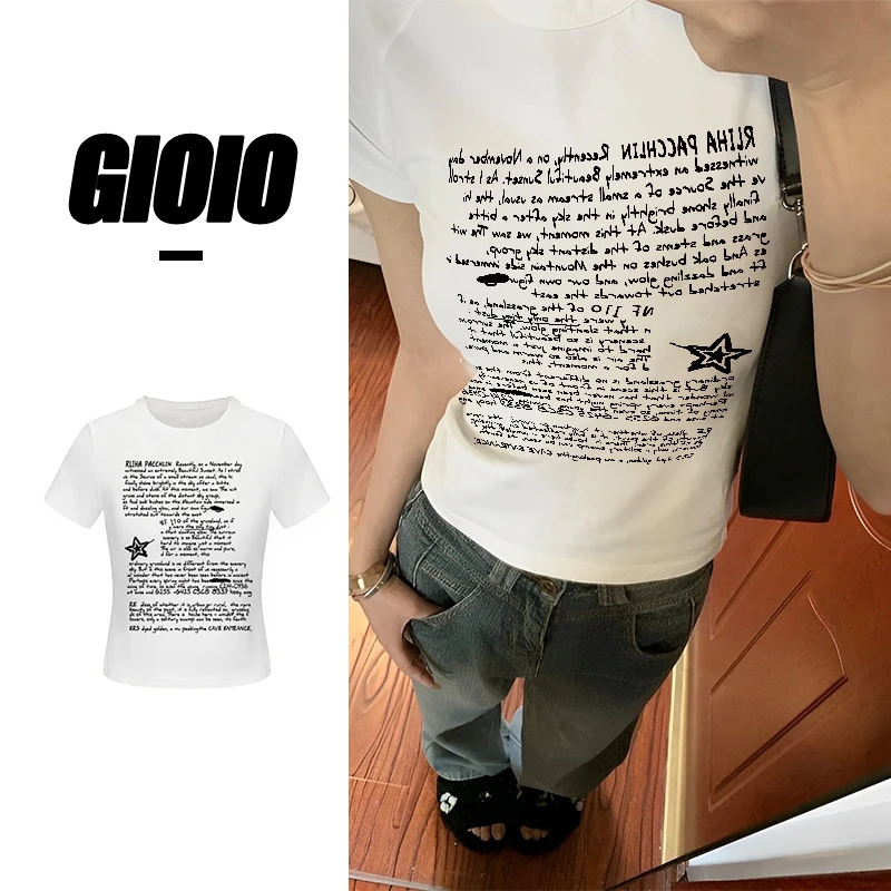 FNFE夏季辣妹韩版街头小众印花圆领百搭修身短款短袖T恤时尚显瘦