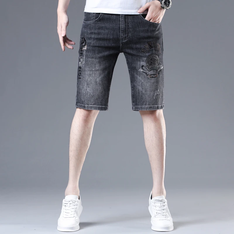 轻奢时尚牛仔短裤男士刺绣弹力五分裤潮牌修身中裤5分裤子男夏季