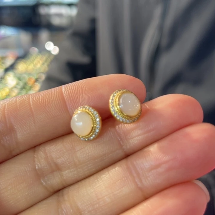 和田玉银S925镶嵌耳饰