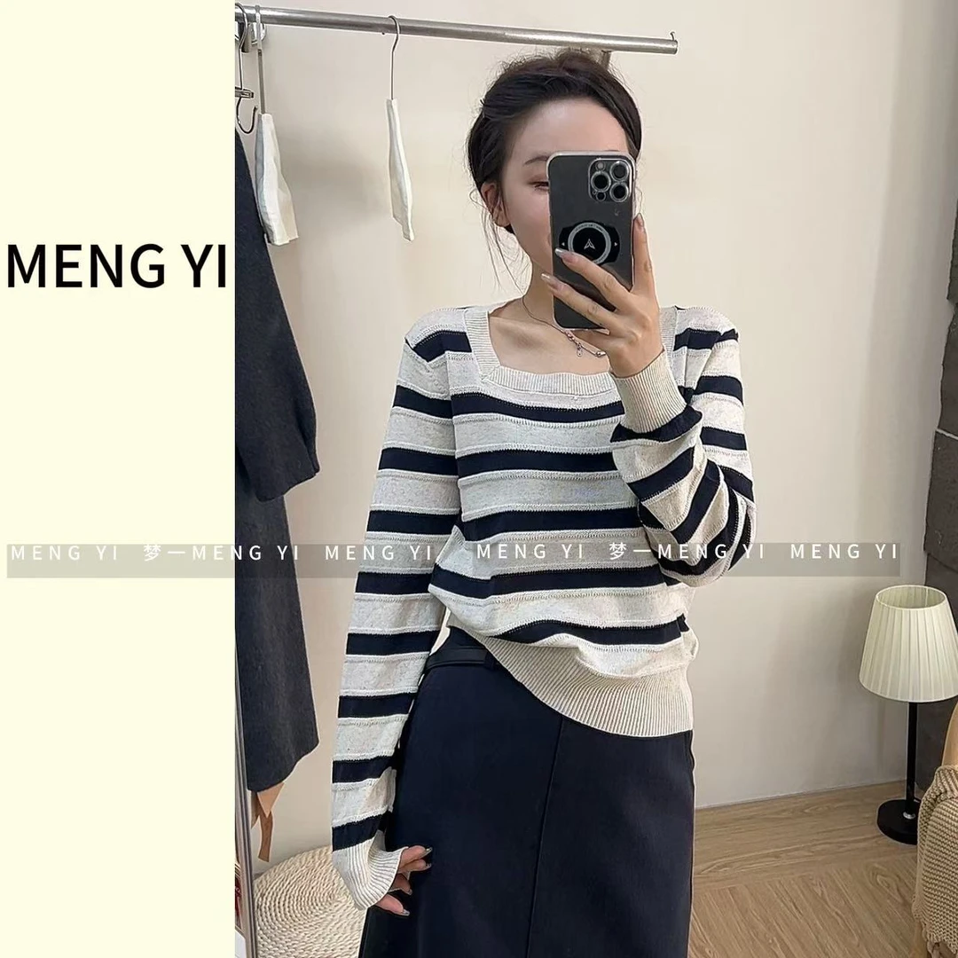 方领简约亚麻杏蓝条针织上衣my-5038