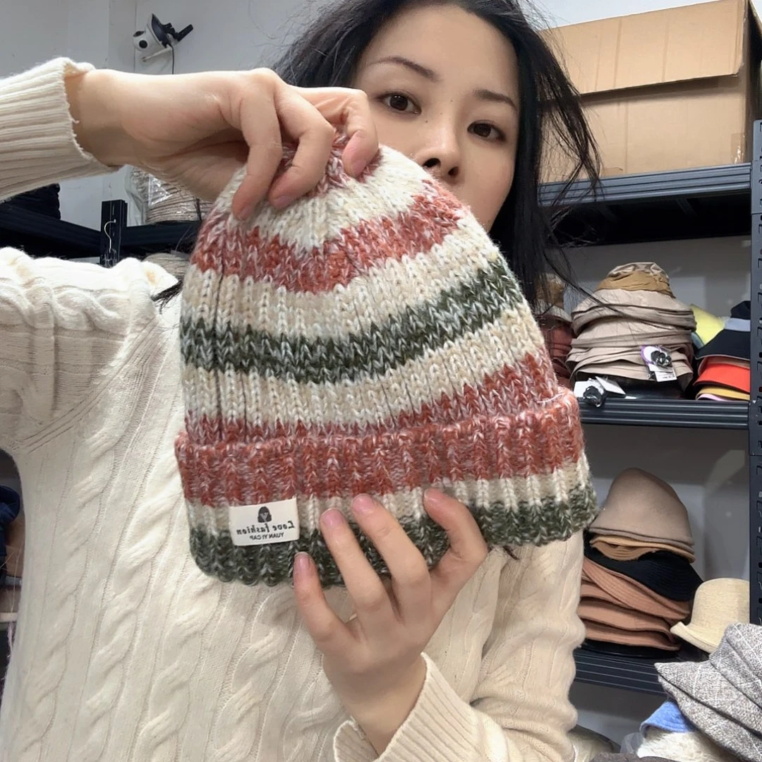 纯棉条纹帽毛线帽