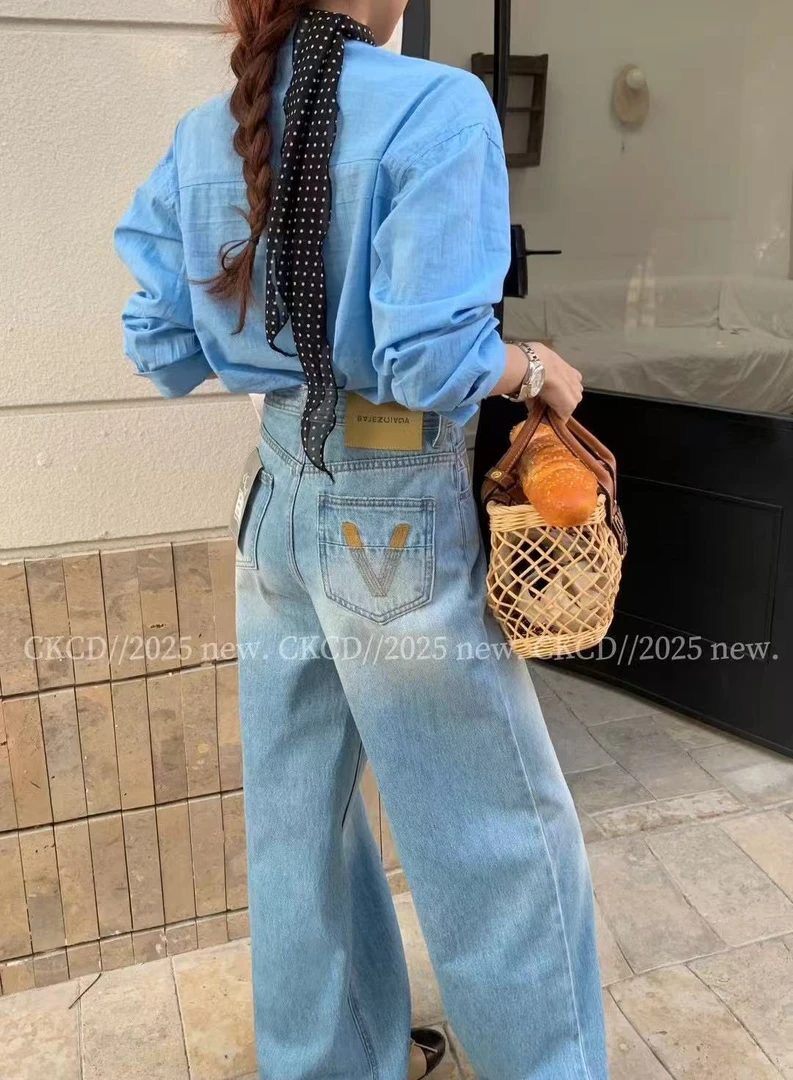 6010【蝶谷】口袋V黄色撞线阔腿裤牛仔裤