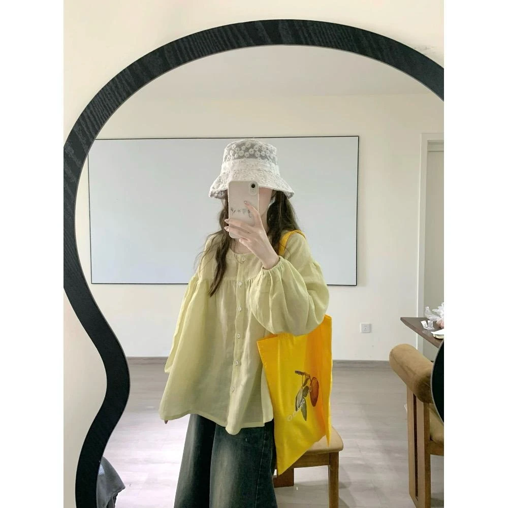 清纯系法式慵懒松弛感宽松上衣气质高级感淡人系绿色长袖衬衫女夏