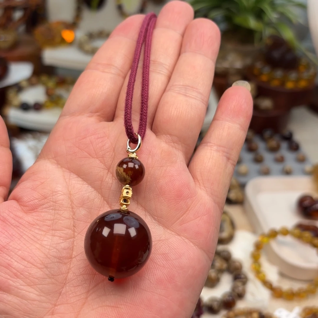 琥珀未镶嵌手链棕珀圆珠吊坠一套
