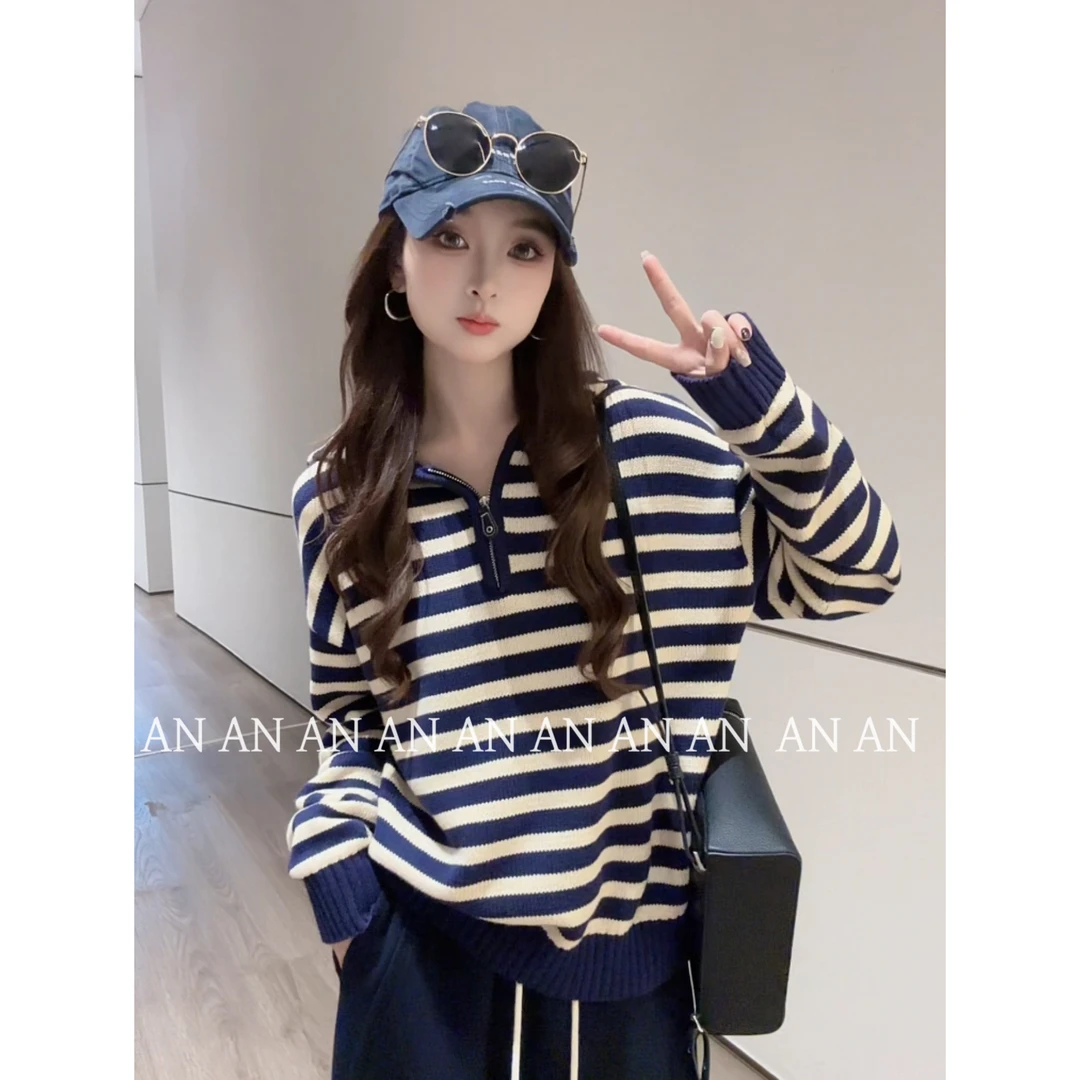 C08156秋季小众百搭设计宽松休闲条纹半拉链连帽针织衫毛衣