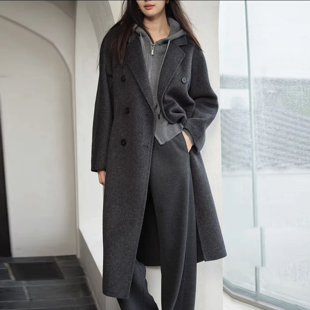 现货福利【10%山羊绒六粒扣】某檬同款加厚双面羊毛羊绒大衣长款