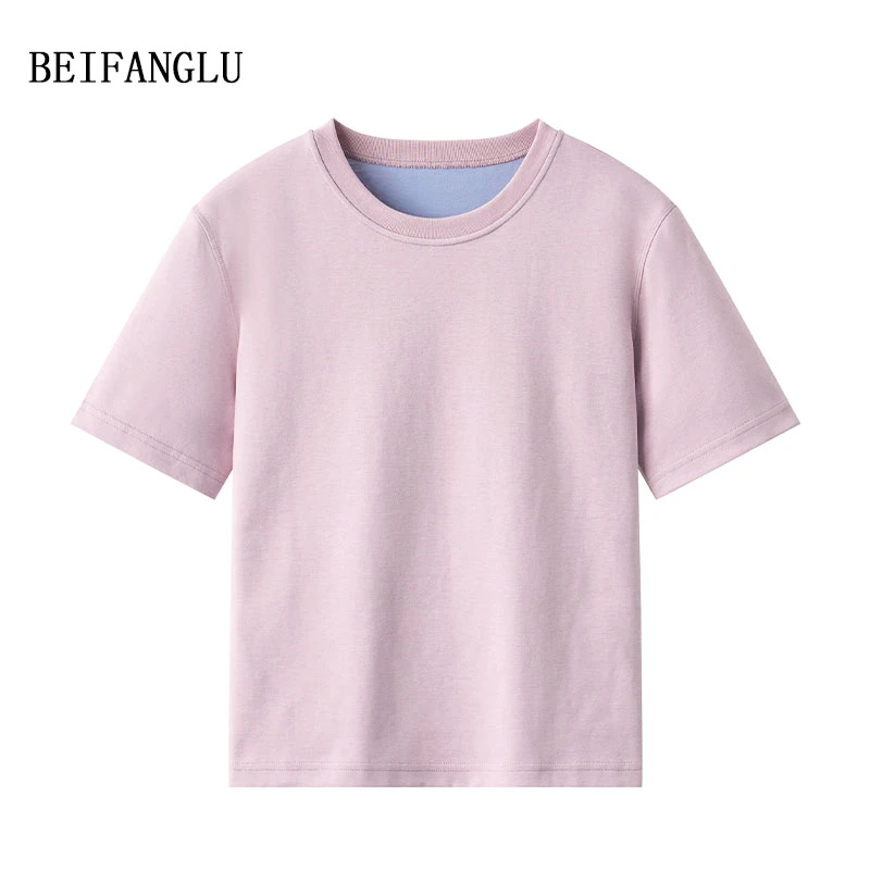 北方鹿【高克重棉双色T】夏季正肩显瘦百搭女士短款圆领棉T恤19027