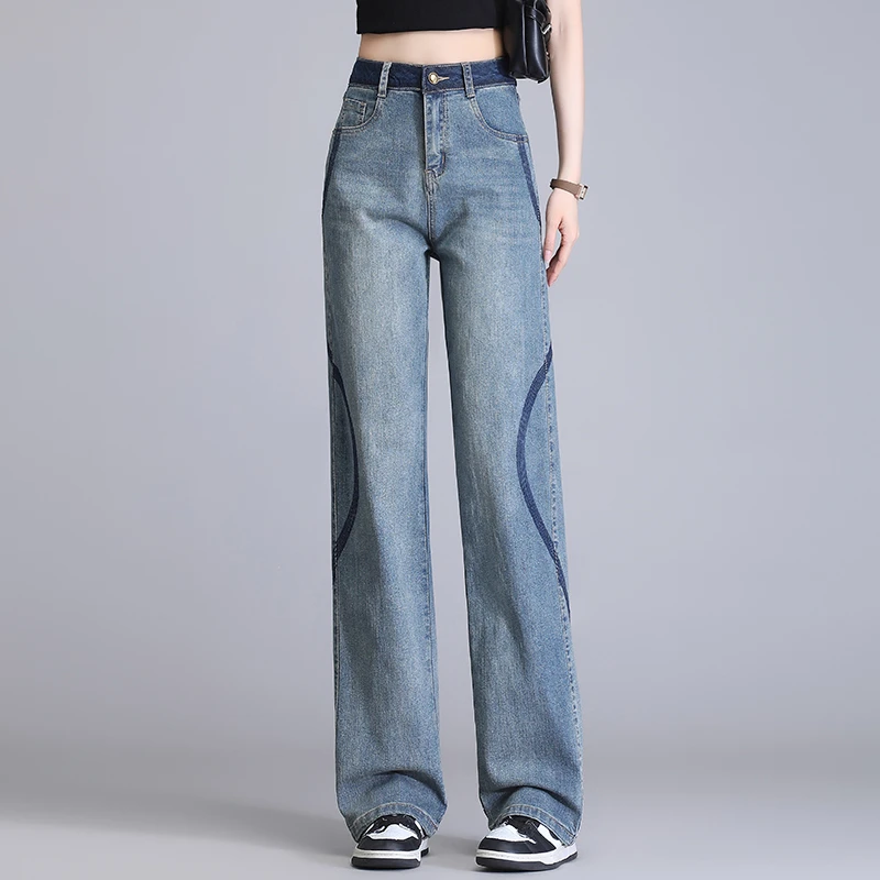 拉夏贝尔复古蓝水洗牛仔阔腿裤女设计感个性宽松显瘦窄版直筒裤子