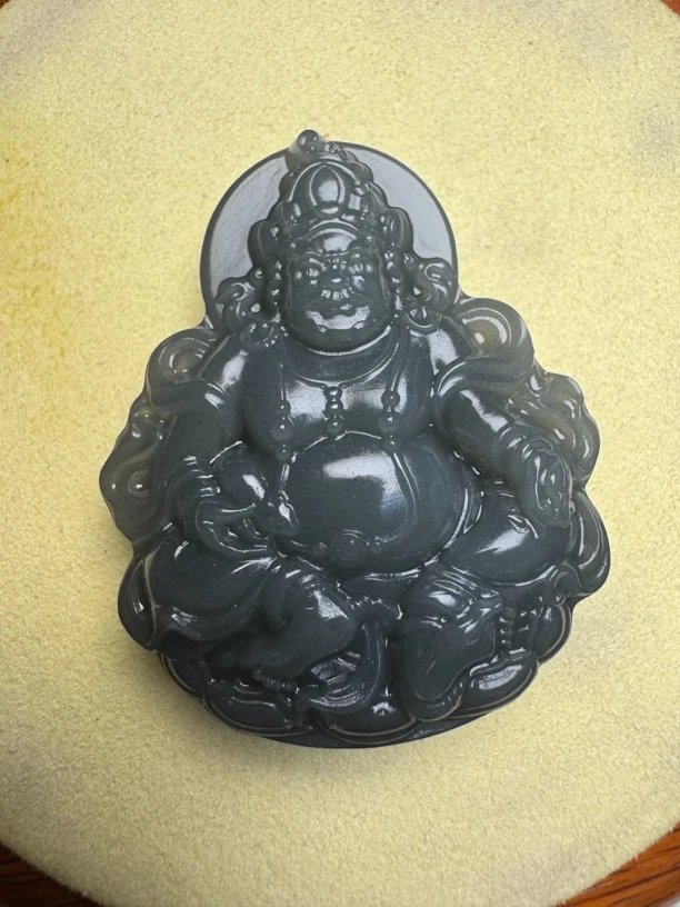 正品新疆且末青花黄财神吊坠手工双面雕刻挂坠