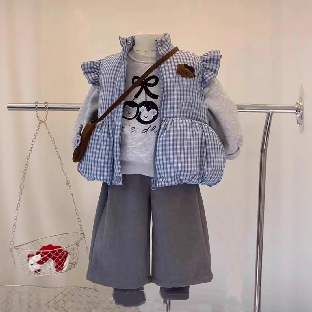 女童冬季新款套装洋气格子棉马甲打底衫阔腿裤女宝宝休闲三件套