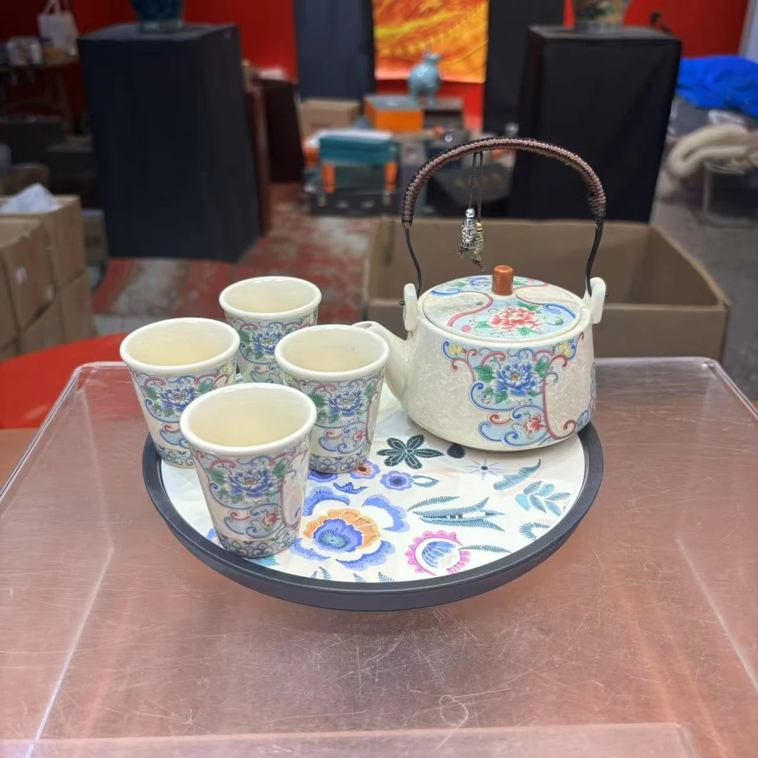 秋香茶具 掐丝牡丹提梁壶一壶四杯+盘（无礼盒）小套装-3103