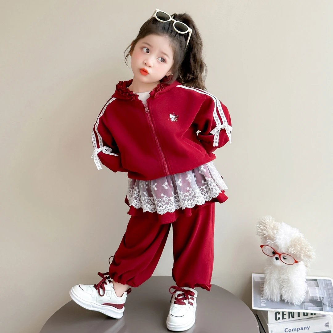 女童春秋可爱猫咪连帽拉条花边套装新款洋气时髦儿童卫衣两件套潮