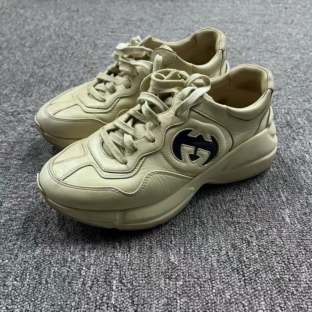 99新 GUCCI/古驰 白色皮革圆头系带低帮生活休闲鞋/5