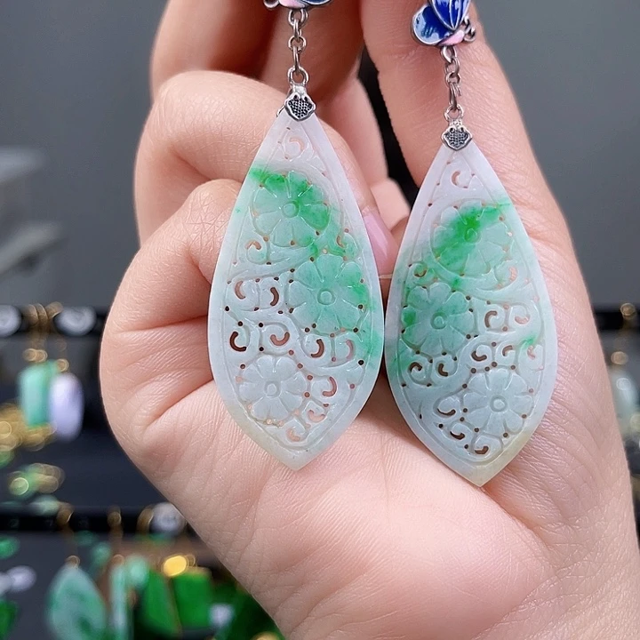翡翠耳饰银S925镶嵌饰品
