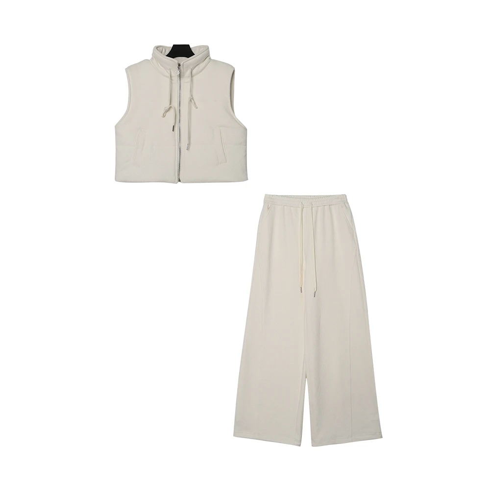 小香风羊毛混纺马甲外套抽绳阔腿直直筒裤休闲时尚套装61007